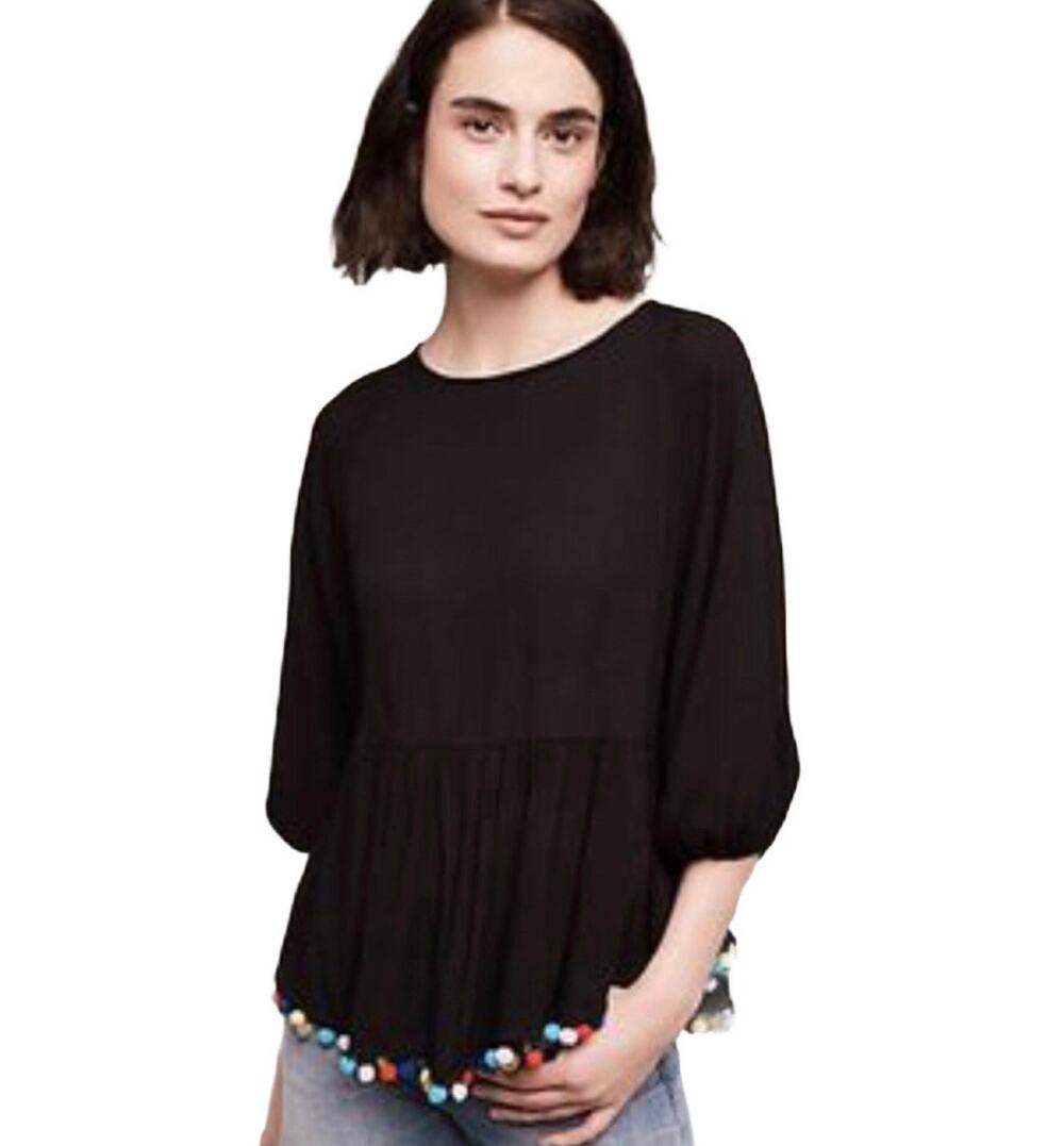 ANTHROPOLOGIE ERI+ALI Women’s Black Boho Multi Color Pompom Trim top